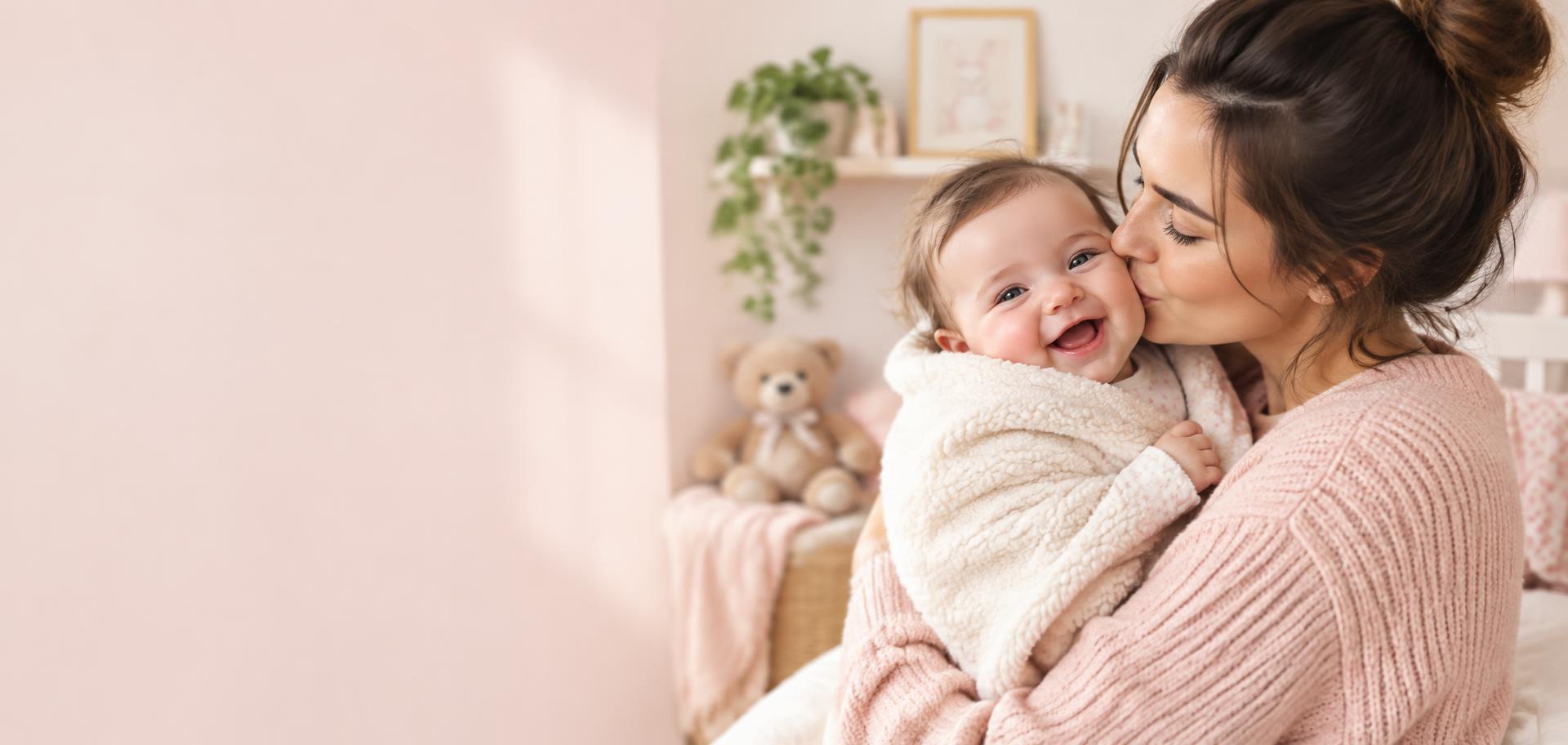 Une maman embrasse son bébé dans une chambre douce